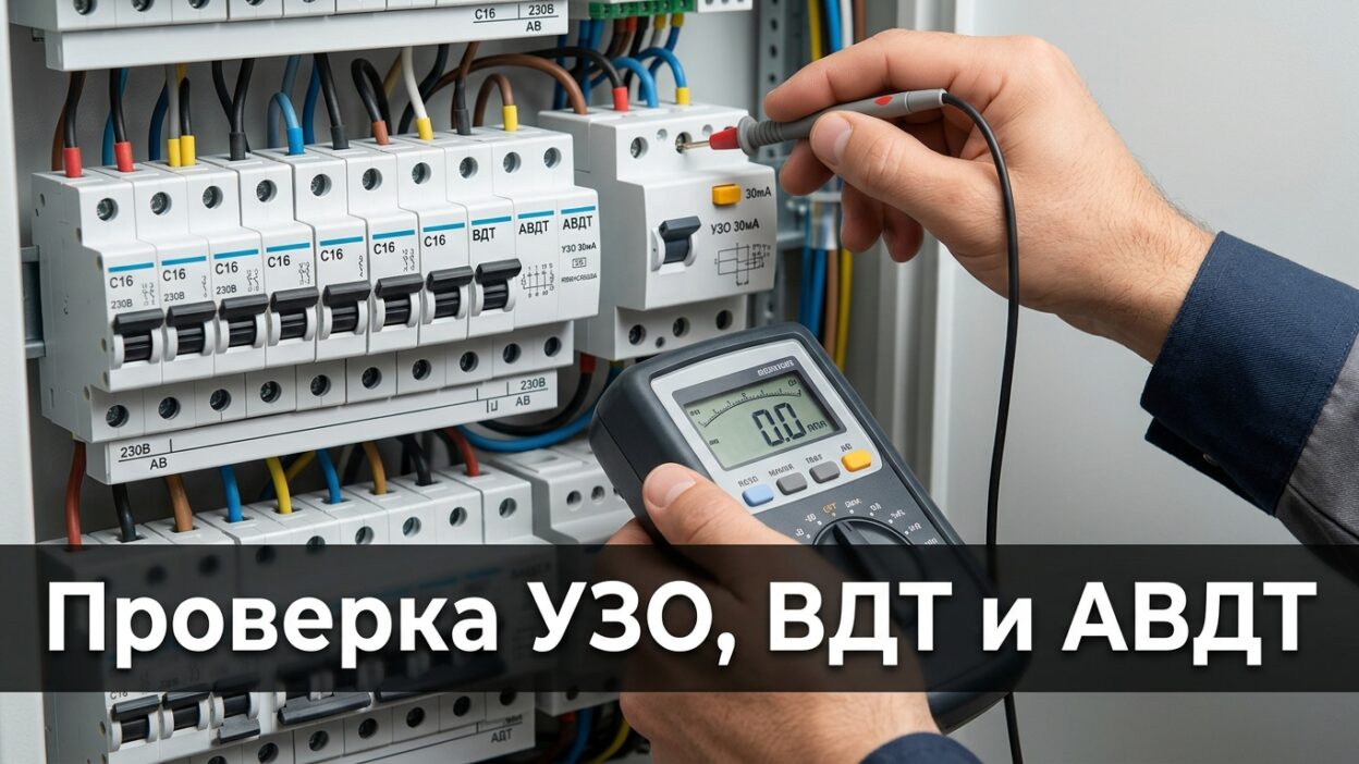 Инженер ЭлектроЗамер проверяет УЗО 30мА и АВДТ в электрощите с автоматами C16 портативным тестером