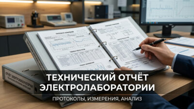 Открытая папка технического отчёта электролаборатории ЭлектроЗамер с протоколами и графиками измерений